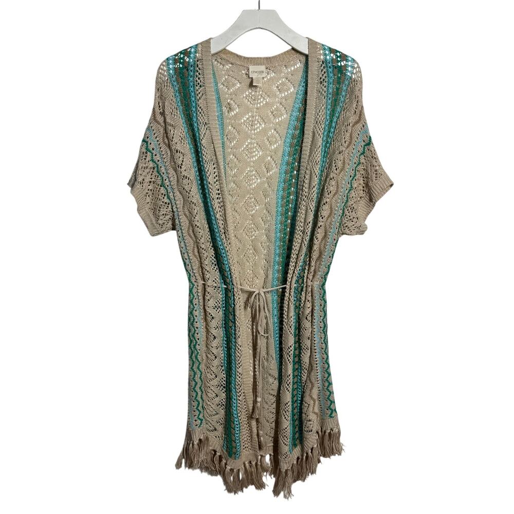 Chico's 100% Linen Teal Mix Fringe‎ Crochet Duster Cardigan Women 1 (M) Coastal